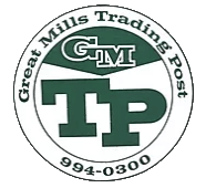 Great Mills Trading Post logo in green, white, and black with “GM TP” and phone number 994-0300