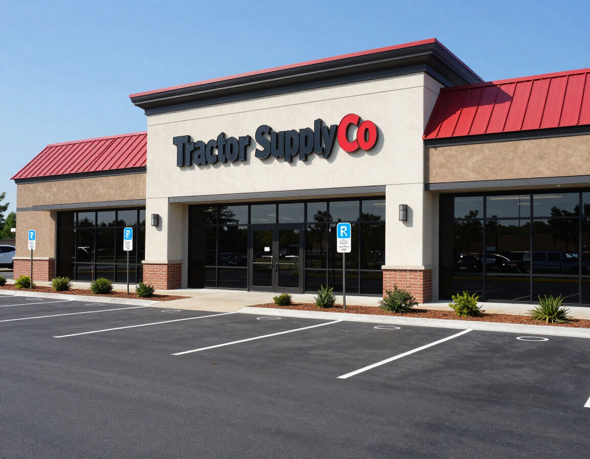 Completed Tractor Supply Co. retail building with asphalt paved parking lot