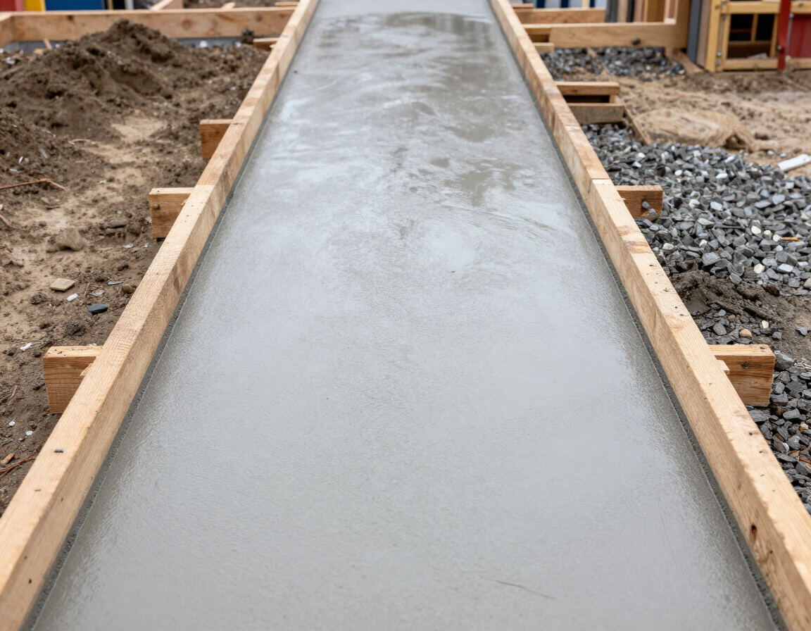 Freshly poured concrete pathway with formwork in place