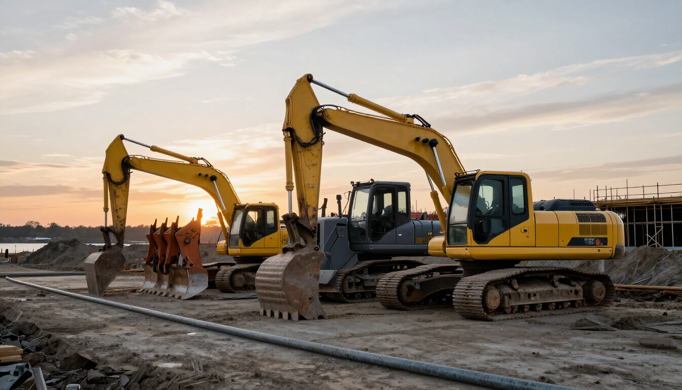 Two yellow excavators and workers on a construction site at sunset