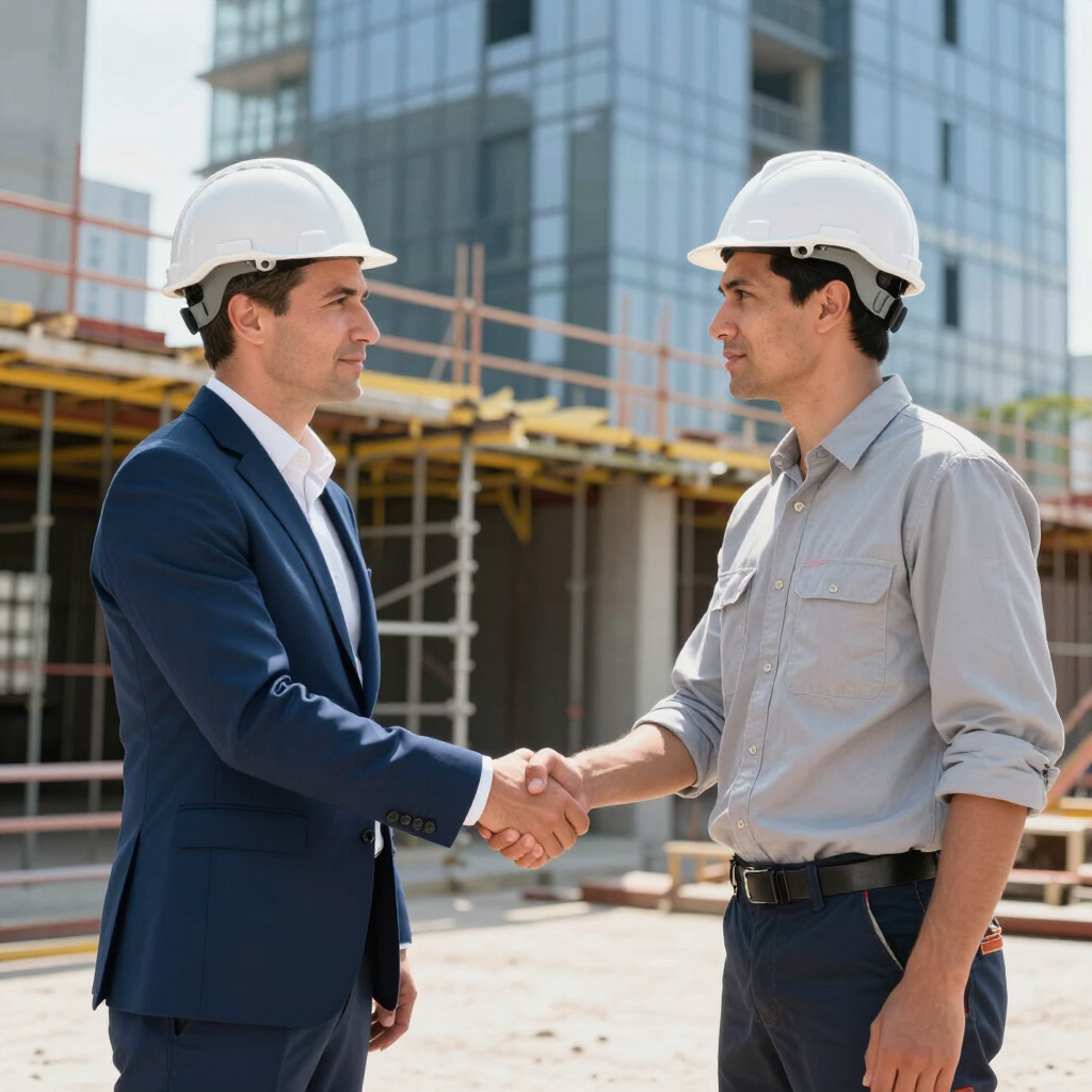 Two construction workers in hard hats shaking hands at a building site.