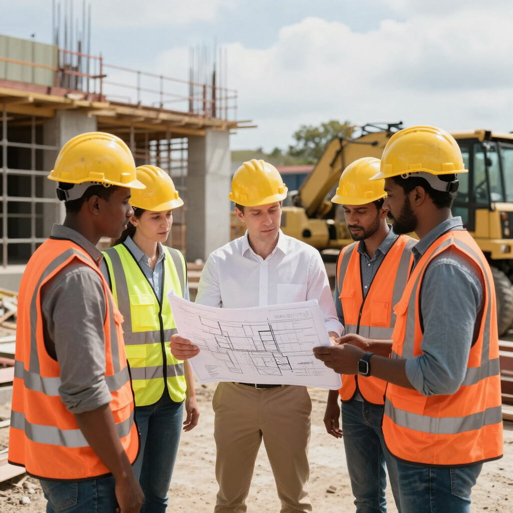 Construction team in hard hats reviewing blueprints at a building site