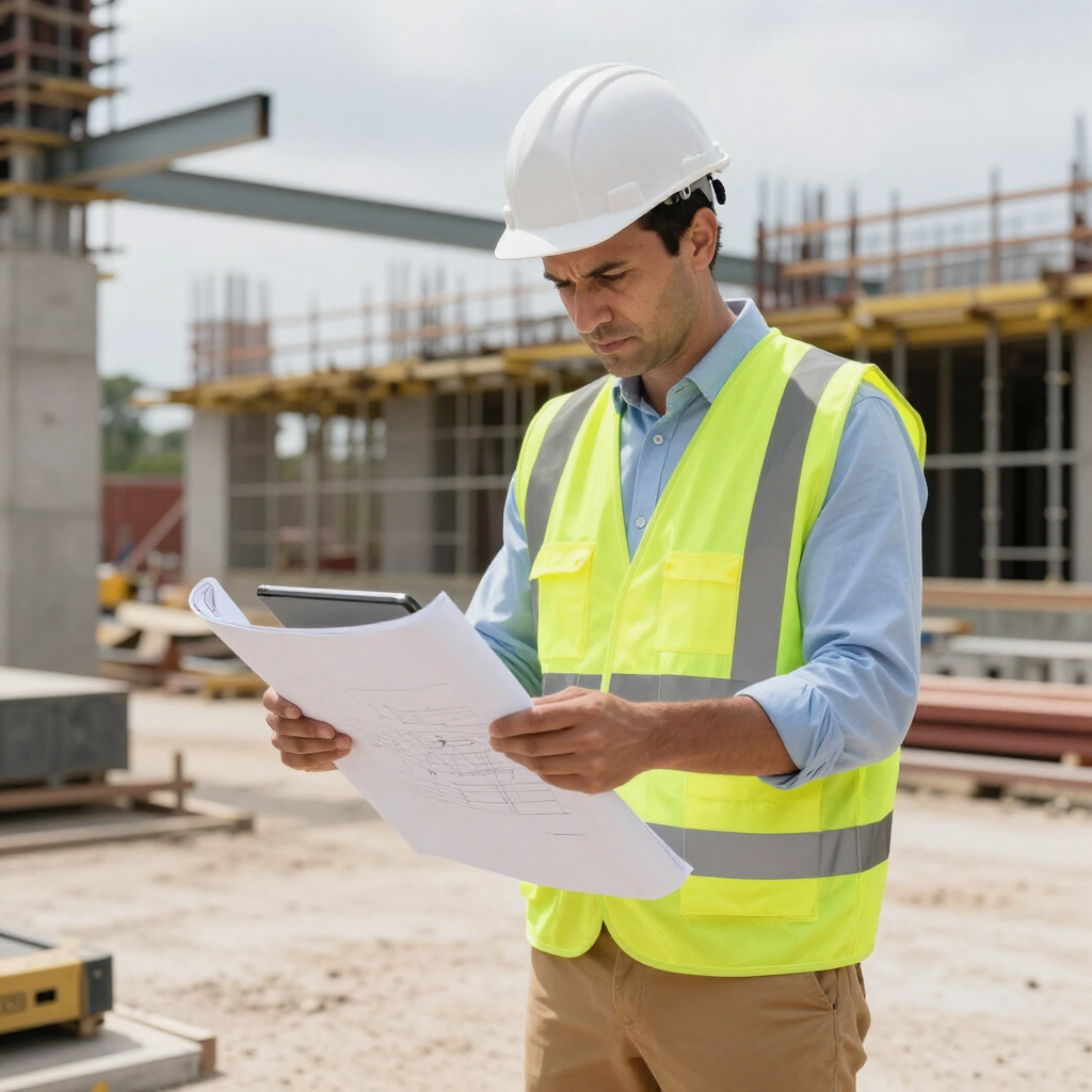 Construction worker in a hard hat and safety vest reviewing plans at a building site