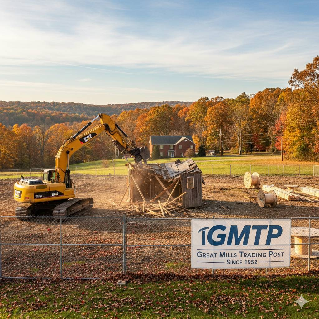 Excavator demolishing a small structure beside an IGMTP sign in a rural autumn landscape.