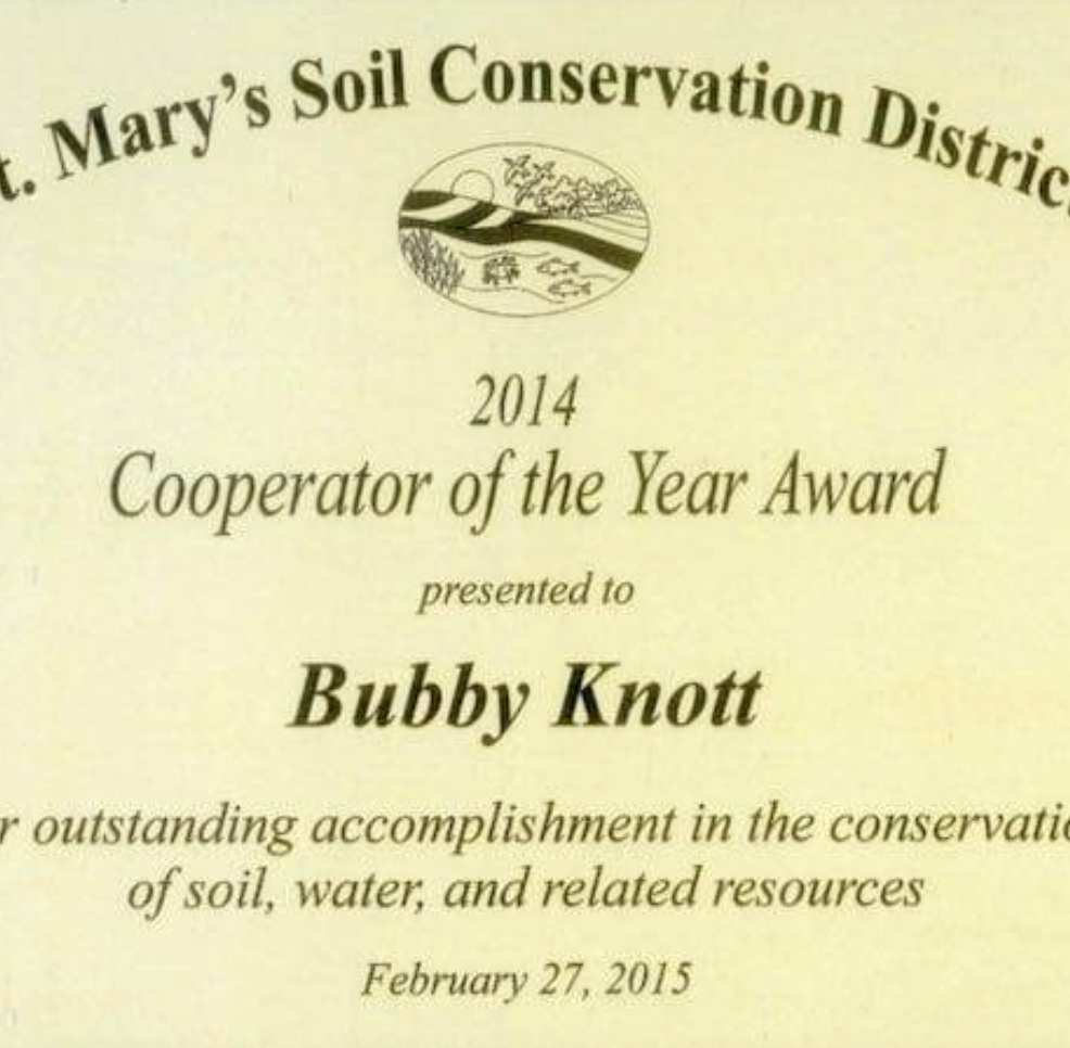 2014 Cooperator of the Year Award certificate for Bubby Knott from St. Mary’s Soil Conservation District