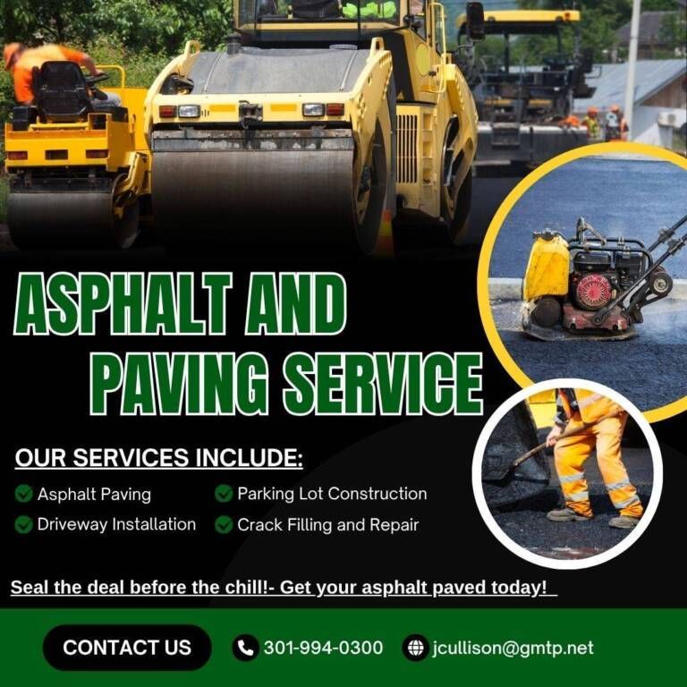 Asphalt and paving service ad with road rollers, repair equipment, and contact details
