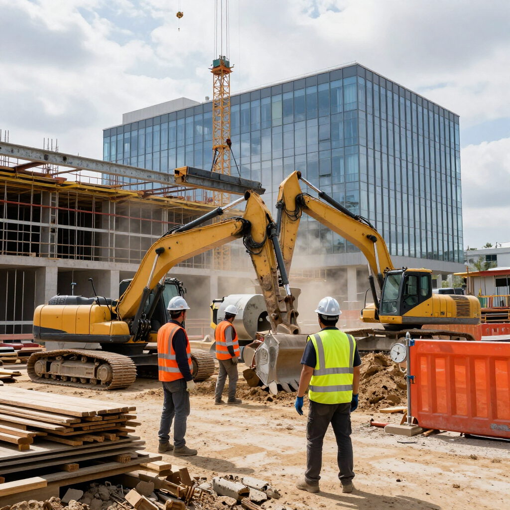 Construction site with excavators, workers in safety vests, and a glass office building under construction