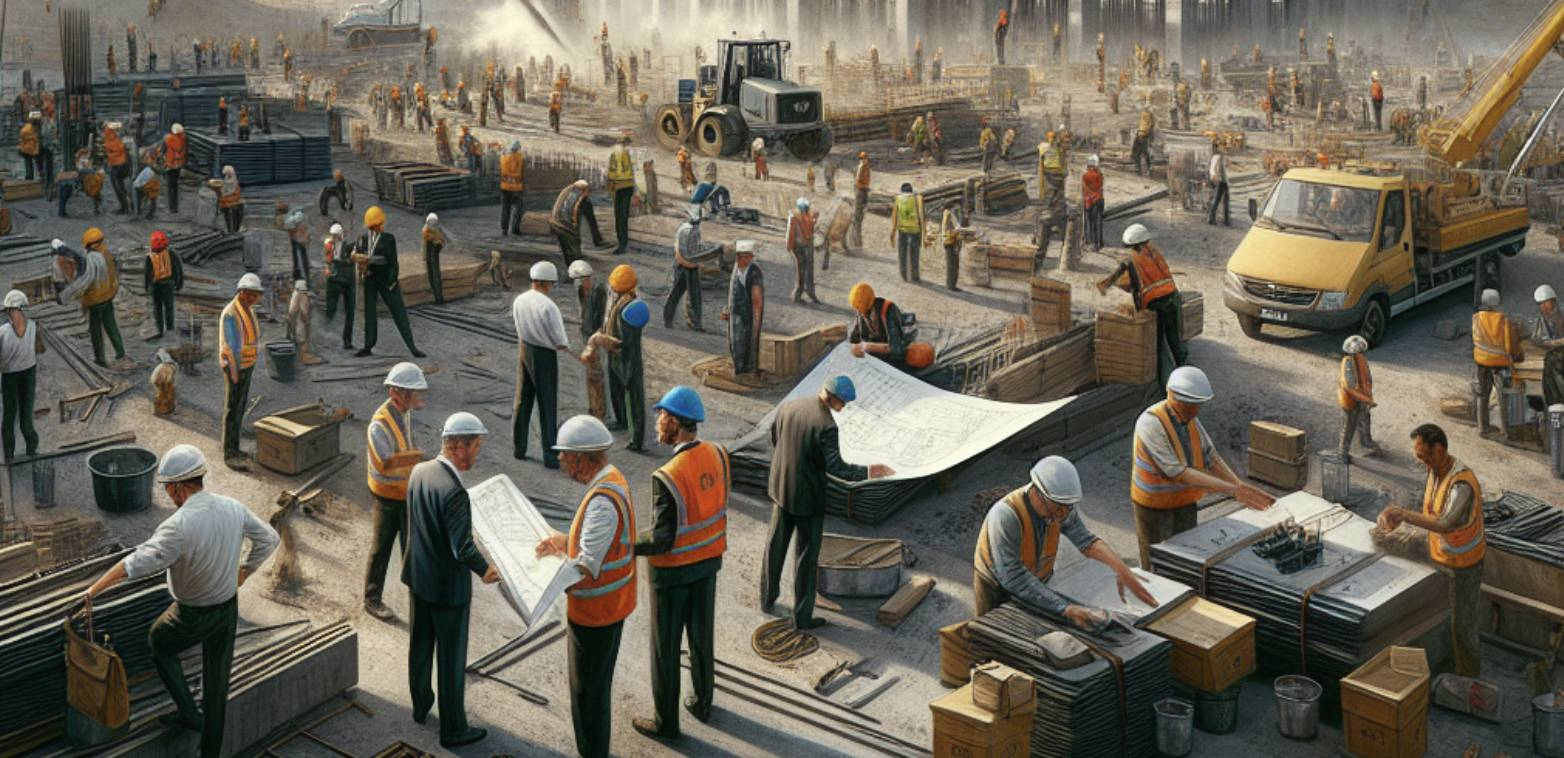 Construction workers and vehicles at a busy building site with debris, concrete, and city skyline in the background