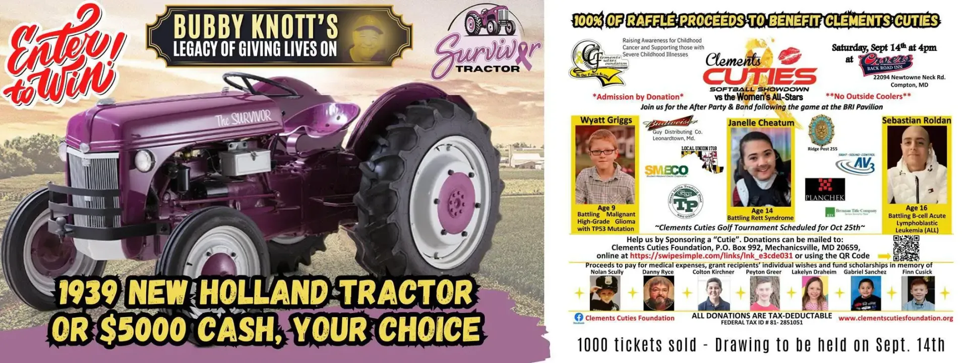 Purple 1939 New Holland tractor with gold text and event flyer details on the right