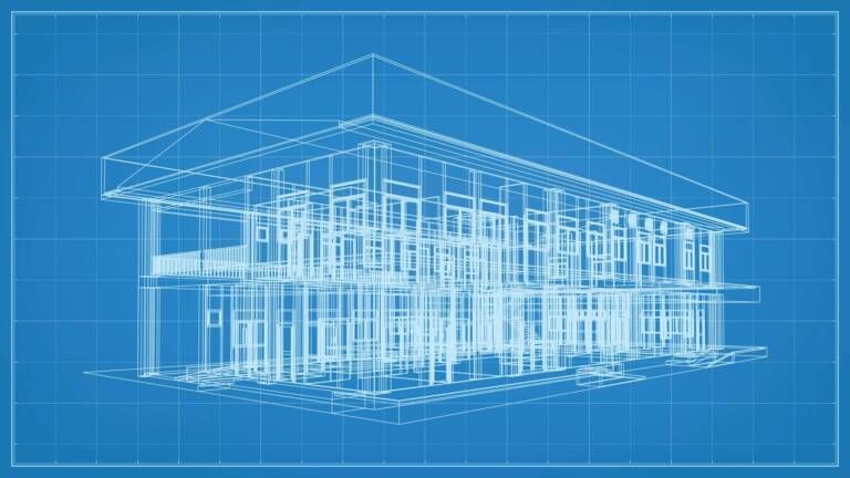White blueprint of a modern building on a blue background