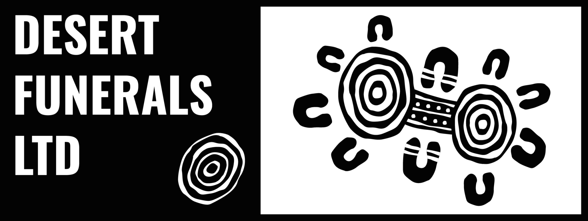 Logo for Desert Funerals LTD: text on black background, spiral design, and an Indigenous Australian artwork.