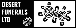 Logo for Desert Funerals LTD: text on black background, spiral design, and an Indigenous Australian artwork.