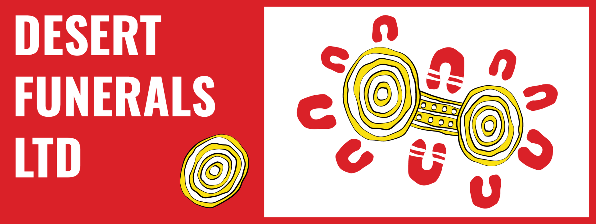 Logo for Desert Funerals LTD: text on a red background and an Aboriginal art symbol.