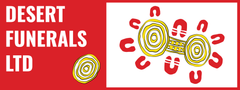 Logo for Desert Funerals LTD: text on a red background and an Aboriginal art symbol.