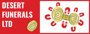 Logo for Desert Funerals LTD: text on a red background and an Aboriginal art symbol.