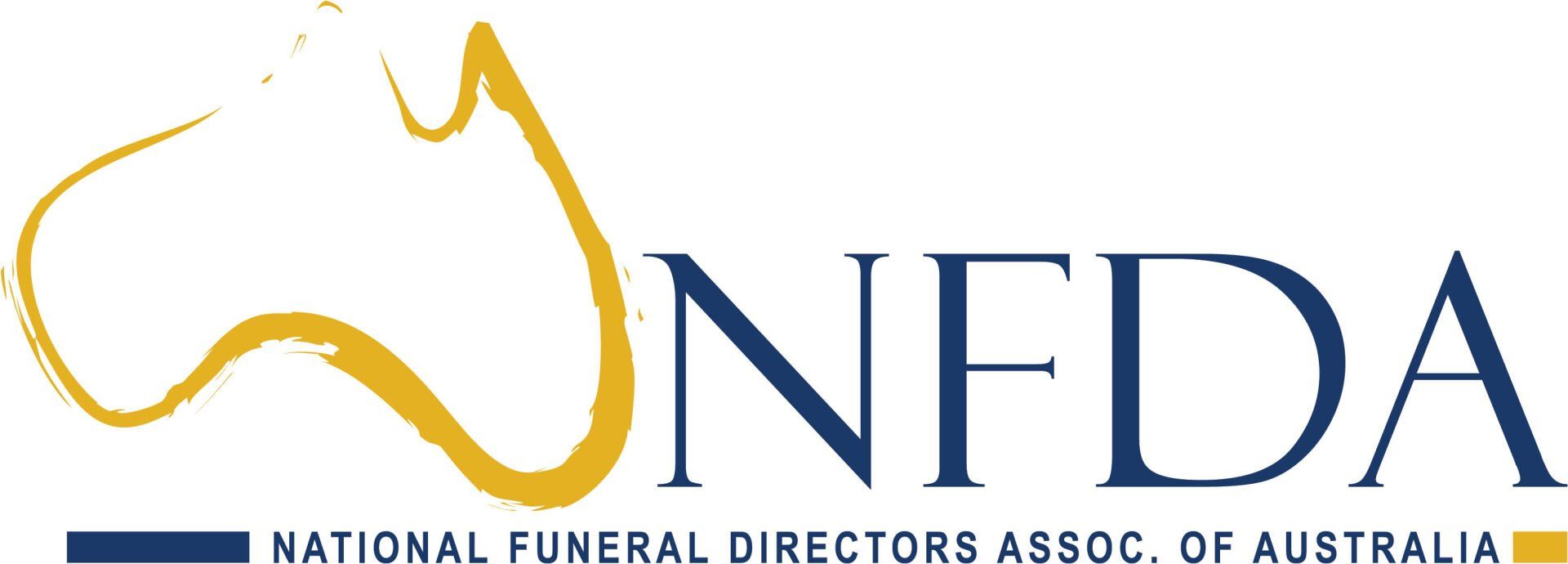Logo of the National Funeral Directors Assoc. of Australia, with Australia's outline in gold, navy text.