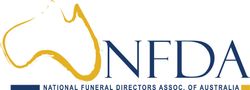 Logo of the National Funeral Directors Assoc. of Australia, with Australia's outline in gold, navy text.