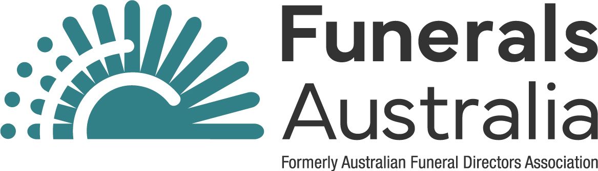 Logo for Funerals Australia, featuring a teal, sun-like stylized icon next to the text 