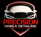 Precision Mobile Detailing logo with stylized car front in red, white, and black shield