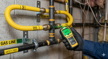 A gloved hand uses a gas leak detector to test the fittings on a yellow CSST gas line attached to a concrete wall.