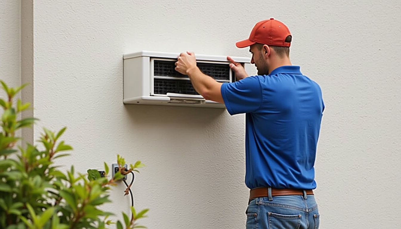 A technician in a blue shirt and orange cap repairs an outdoor HVAC unit mounted on a light-colored wall.