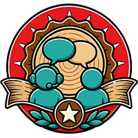 Three teal people icons with speech bubbles over a ribbon and star emblem in a red circular badge