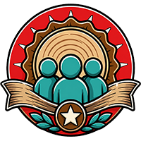 Three teal figures in front of a wood ring, framed by a red circular emblem and ribbon with a star badge