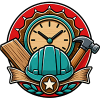 Construction emblem with hard hat, clock, hammer, and wooden plank on a red badge