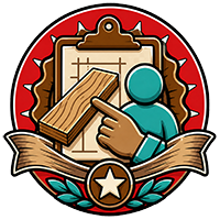 Logo of a person pointing at a clipboard with papers, framed by red and gold ribbons and a star emblem