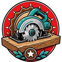 Circular logo of a teal power saw on wood, with a red background and star emblem