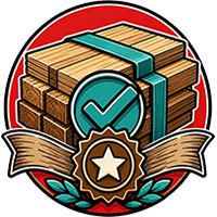 Circular emblem of stacked wooden crates with a teal checkmark and gold star on red and white background