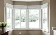 Bright bay window with white trim in a beige room, showing snow outside and flowers on the sill