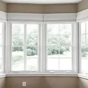 Bright bay window with white trim in a beige room, showing snow outside and flowers on the sill