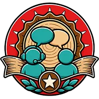 Three teal people icons with speech bubbles over a ribbon and star emblem in a red circular badge