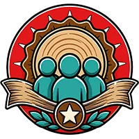 Three teal figures in front of a wood ring, framed by a red circular emblem and ribbon with a star badge
