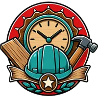Construction emblem with hard hat, clock, hammer, and wooden plank on a red badge