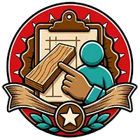 Logo of a person pointing at a clipboard with papers, framed by red and gold ribbons and a star emblem