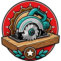 Circular logo of a teal power saw on wood, with a red background and star emblem
