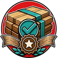 Circular emblem of stacked wooden crates with a teal checkmark and gold star on red and white background
