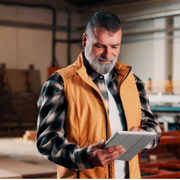 Man in a yellow vest reading a tablet in a workshop