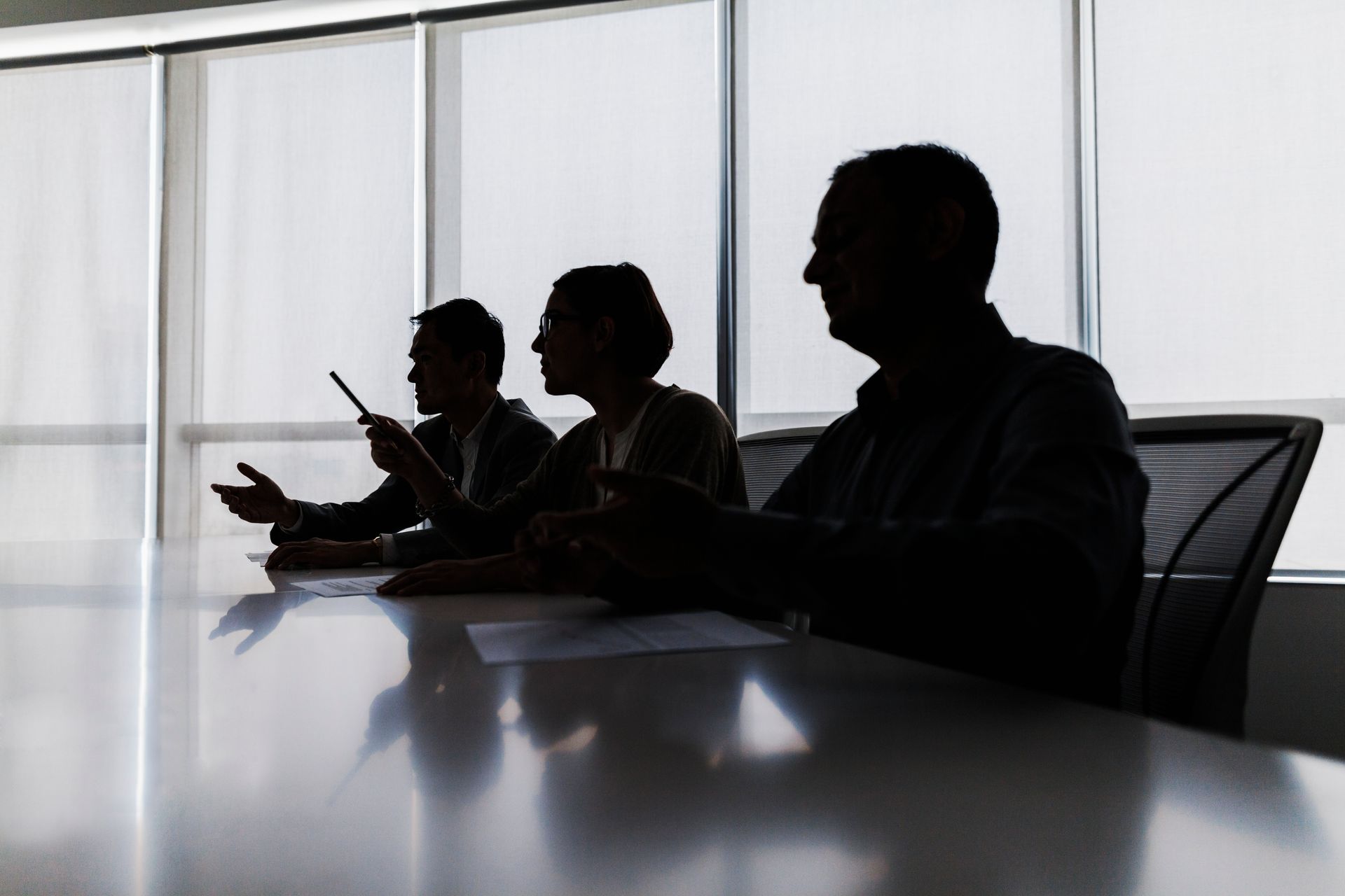 A group of people are sitting at a conference table in front of a window.