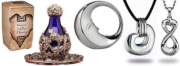 A bottle , a ring , a necklace , and a box with a heart on it.