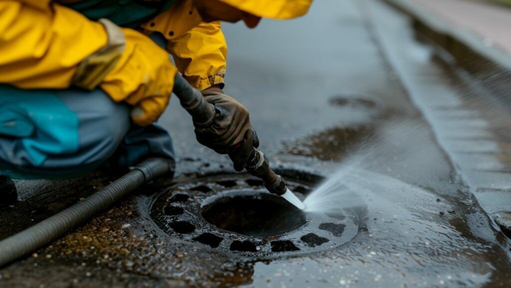 Worker in yellow rain gear using a pressure washer to clean a storm drain on a wet street.