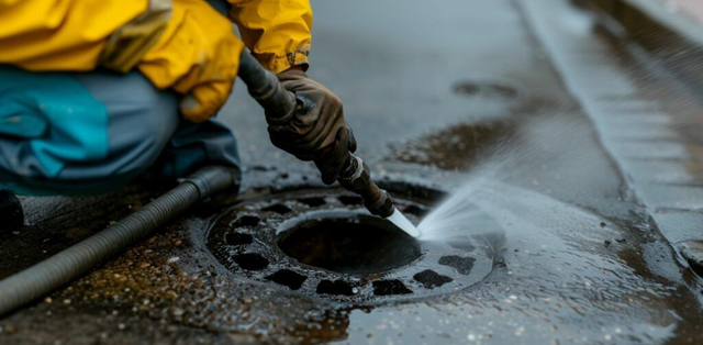 Worker in yellow rain gear clears debris from a storm drain on a wet street