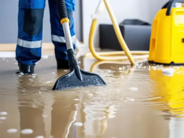 Person using a wet vacuum to clean floodwater indoors, with yellow cleaning equipment nearby