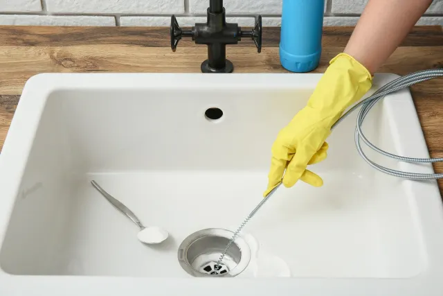 Gloved hand cleaning a kitchen sink drain with a brush and soapy water