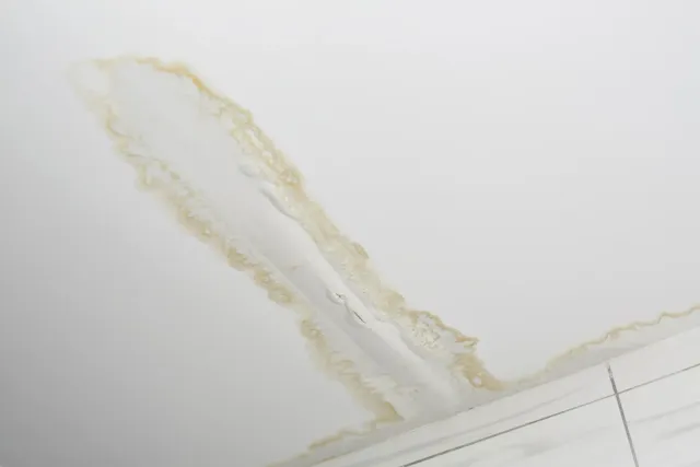Water stain on a white ceiling near a wall or trim line