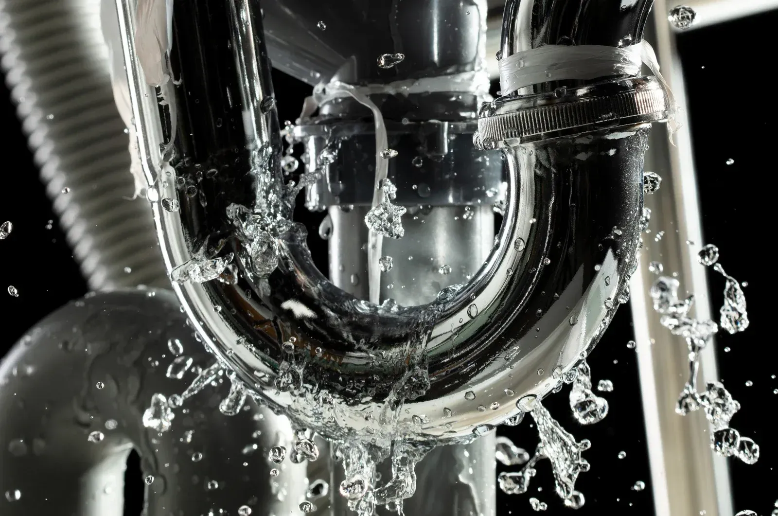 Close-up of a metal faucet or pipe splashing water against a dark background