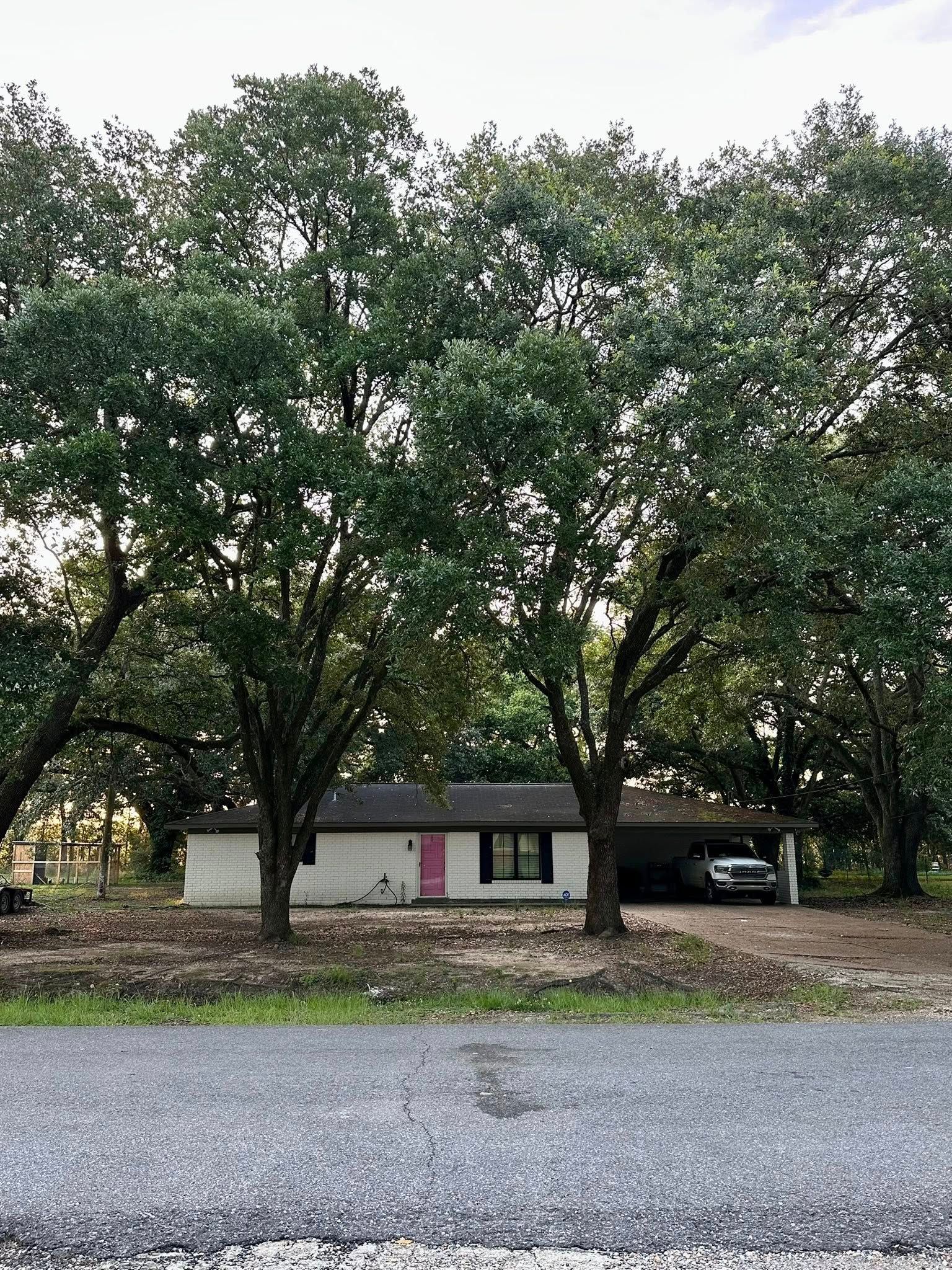 Single-story house with a carport under large trees, seen across a gravel road.