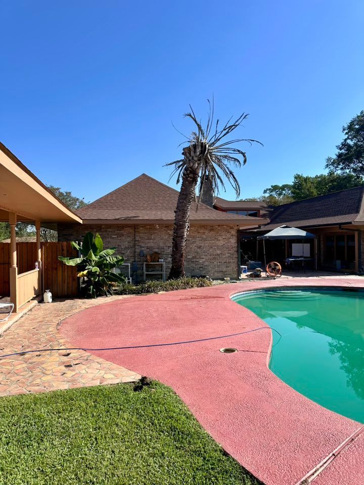 Backyard pool with red concrete deck, palm tree, lawn, and brick house under a clear blue sky